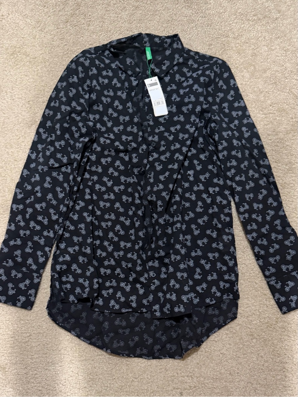 United Colors Of Benetton Black Button-Down Blouse with Grey Bicycle Print